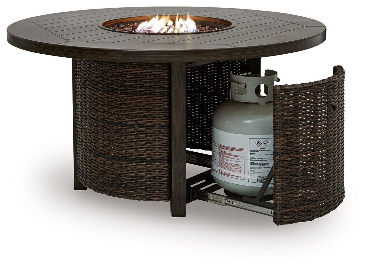 Monterey Point - Round Fire Pit Table - Dark Brown Fire Pits by Signature Design by Ashley® - Walls Furniture & Mattress