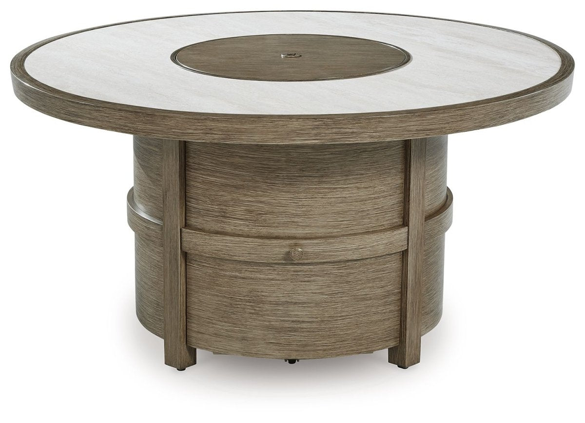 Rainier Ranch - Round Fire Pit Table - Beige Fire Pits by Signature Design by Ashley® - Walls Furniture & Mattress