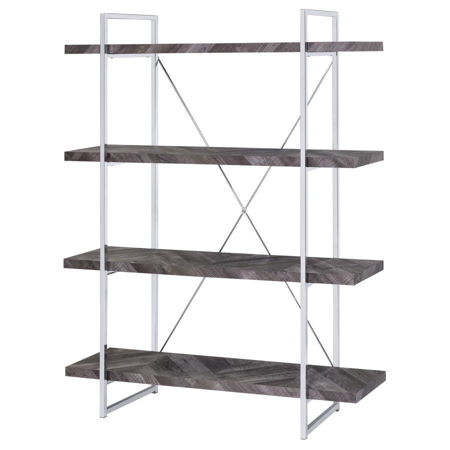 Grimma - 4 - Shelf Bookshelf - Rustic Gray And Chrome Standard Bookcases by CoasterEssence - Walls Furniture & Mattress
