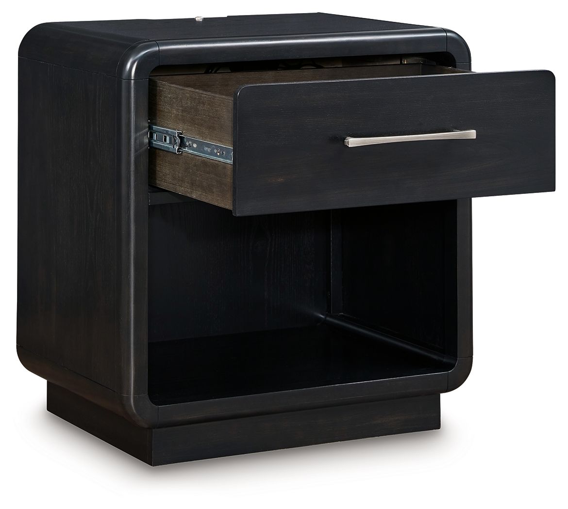Rowanbeck - One Drawer Night Stand - Black Nightstands w/ Charging Stations by Signature Design by Ashley® - Walls Furniture & Mattress