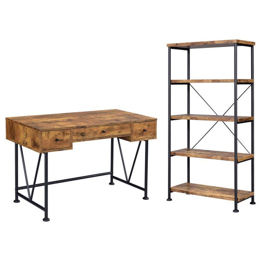 Analiese - 2 Piece Computer Desk Bookcase Set - Rustic Nutmeg 2 Piece Home Office Sets by CoasterEveryday - Walls Furniture & Mattress