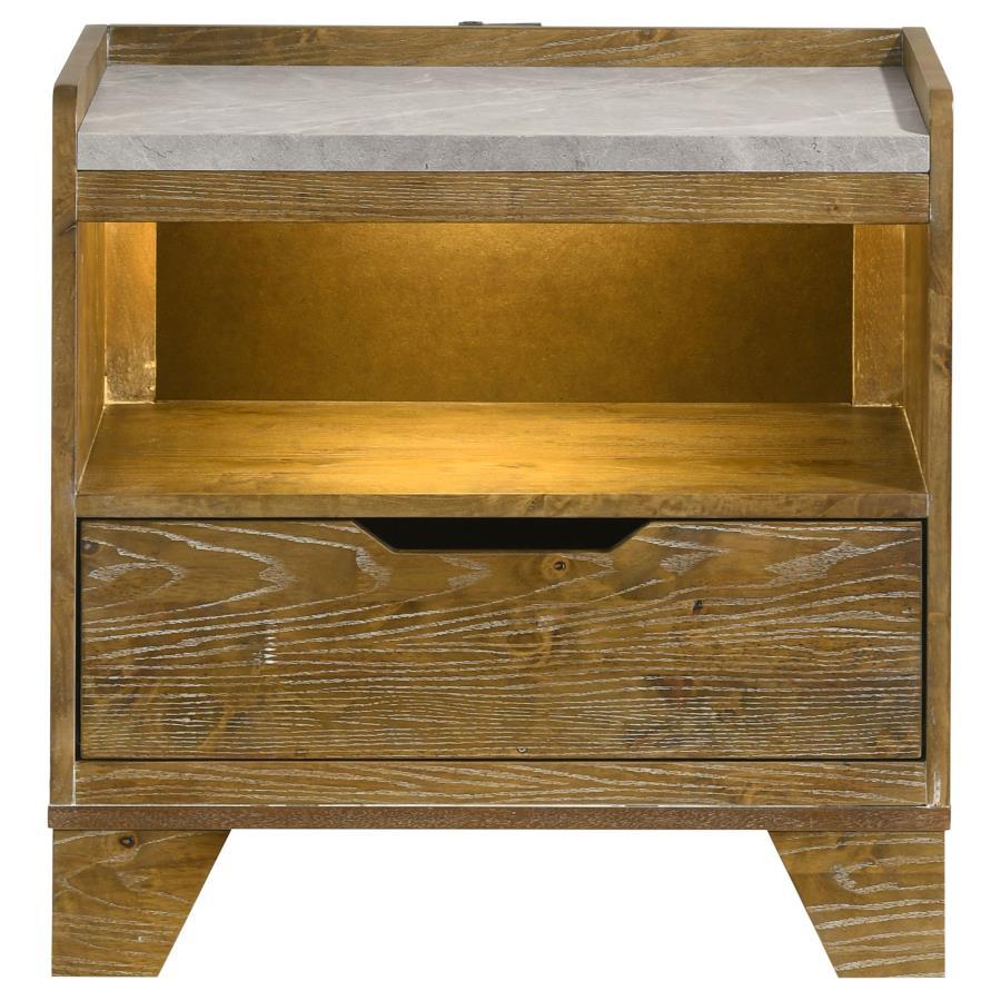 Henderson - 1 - Drawer LED Nightstand Bedside Table - Medium Oak Nightstands w/ Charging Stations by Coaster Fine Furniture - Walls Furniture & Mattress