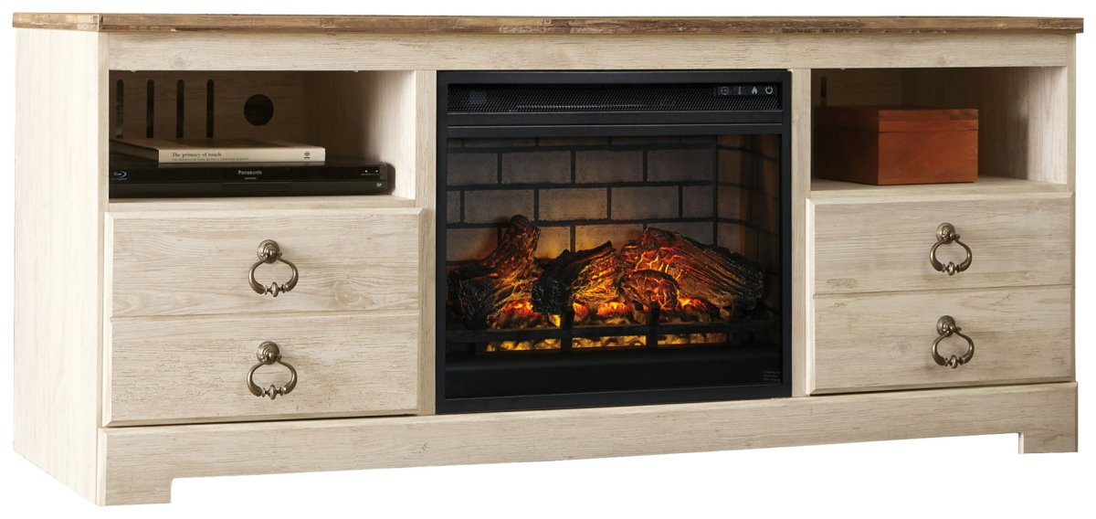 Willowton - 2 Pc. - 64" TV Stand With Faux Firebrick Fireplace Insert - Whitewash Fireplace TV Stands by Signature Design by Ashley® - Walls Furniture & Mattress