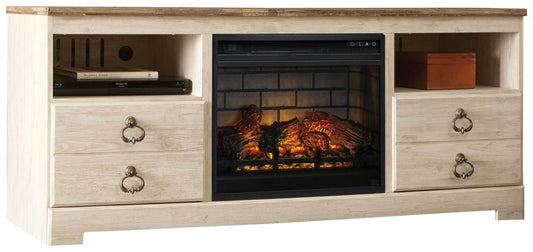 Willowton - 2 Pc. - 64" TV Stand With Faux Firebrick Fireplace Insert - Whitewash Fireplace TV Stands by Signature Design by Ashley® - Walls Furniture & Mattress