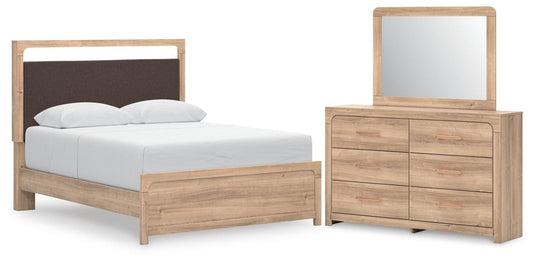 Kinlanni - 3 Pc. - Queen Upholstered Panel Bed With Roll Slats, Dresser And Mirror - Tan 3 Piece Bedroom Sets by Signature Design by Ashley® - Walls Furniture & Mattress