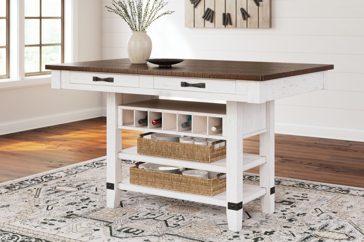 Valebeck - 5 Pc. - Counter Table With Wine Rack, 4 Swivel Stools - White / Brown 5 Piece Dining Room Sets by Signature Design by Ashley® - Walls Furniture & Mattress