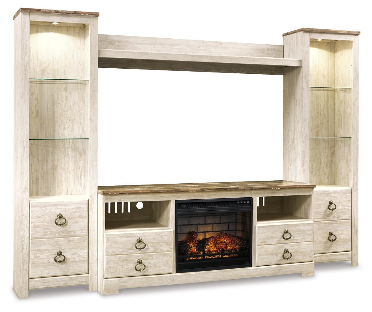 Willowton - Entertainment Center - TV Stand With Faux Firebrick Fireplace Insert - Whitewash Entertainment Centers by Signature Design by Ashley® - Walls Furniture & Mattress