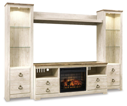 Willowton - Entertainment Center - TV Stand With Faux Firebrick Fireplace Insert - Whitewash Entertainment Centers by Signature Design by Ashley® - Walls Furniture & Mattress