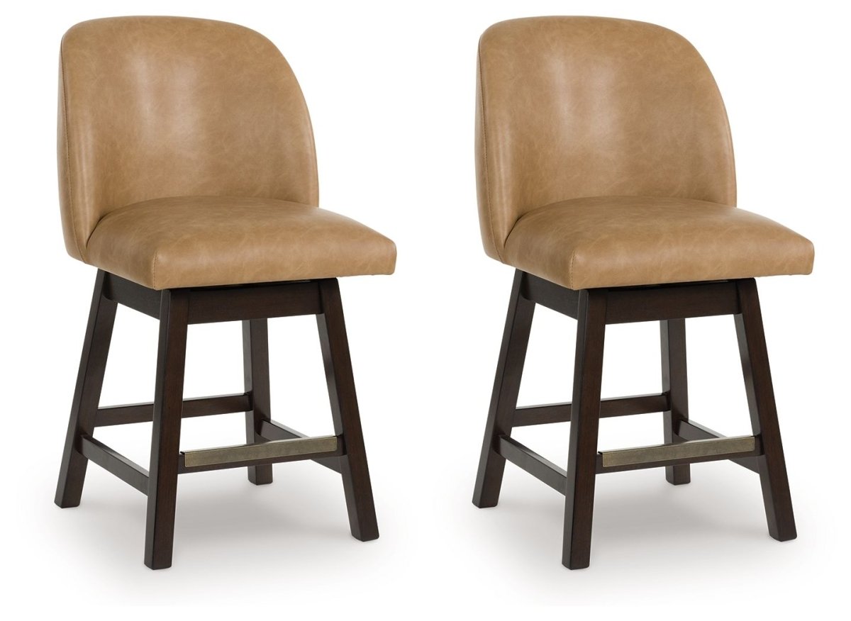 Neymorton - Dark Grayish Brown - Upholstered Swivel Faux Leather Barstool (Set of 2) Stool Sets by Signature Design by Ashley® - Walls Furniture & Mattress