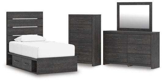 Hollivern - 4 Pc. - Twin Panel Storage Bed, Dresser, Mirror And Chest - Dark Gray 4 Piece Bedroom Sets by Signature Design by Ashley® - Walls Furniture & Mattress