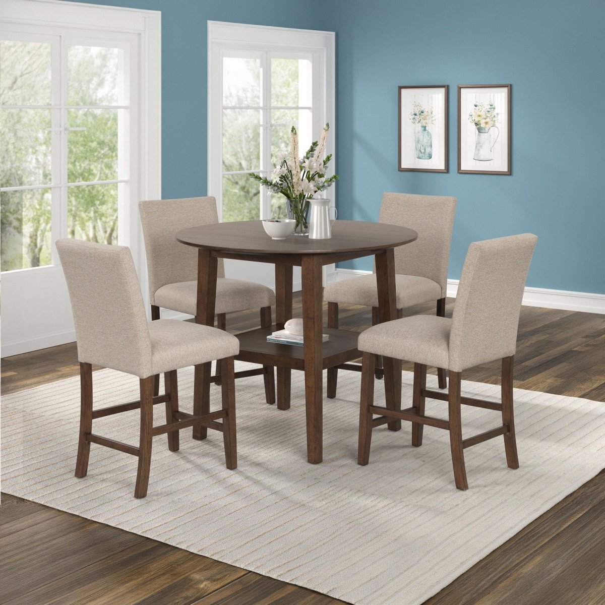Hargrove - 5 Piece Set (42" Round Counter Table & 4 Chairs) - Brown / Beige 5 Piece Dining Room Sets by New Classic - Walls Furniture & Mattress