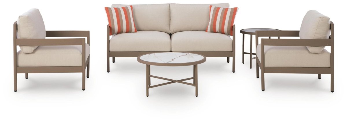 Bluff Trail - Loveseat, Lounge Chairs, Tables Set (Set of 5) - Beige 5 Piece Outdoor Sets by Signature Design by Ashley® - Walls Furniture & Mattress