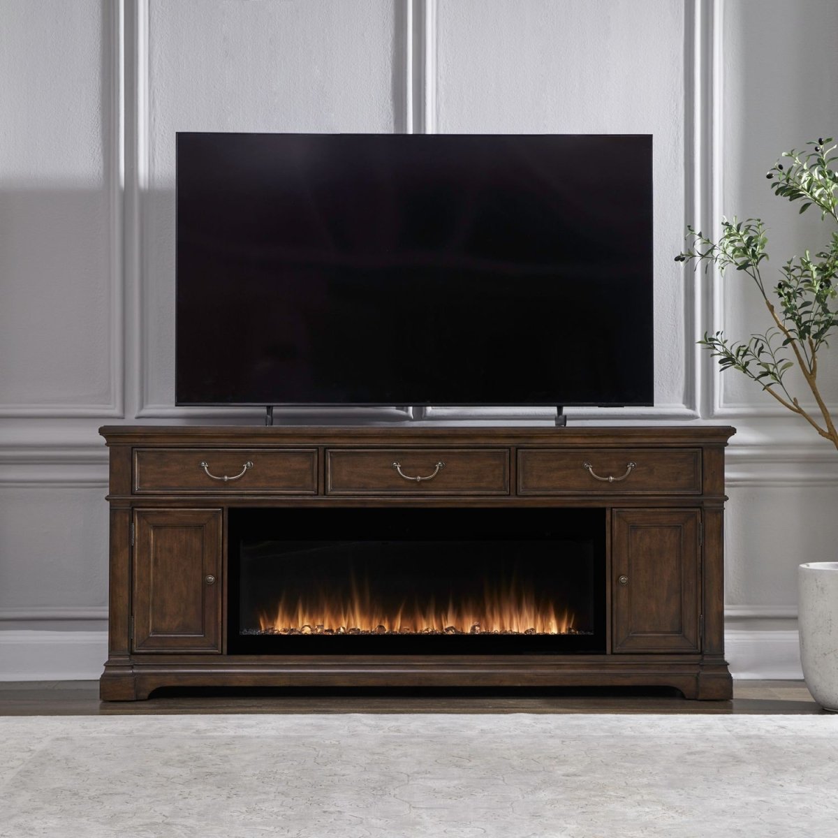 Fireplace TV Consoles - 512 84" Console With Fire FTS - Brown Fireplace TV Stands by Liberty Furniture - Walls Furniture & Mattress