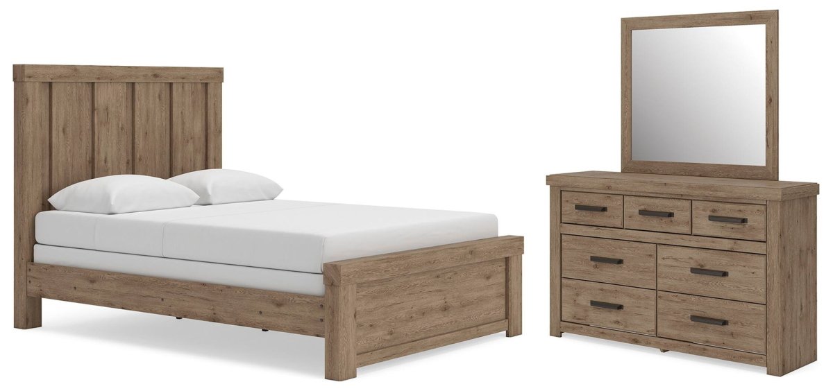 Oliandon - 3 Pc. - Queen Panel Bed, Dresser And Mirror - Light Brown 3 Piece Bedroom Sets by Signature Design by Ashley® - Walls Furniture & Mattress