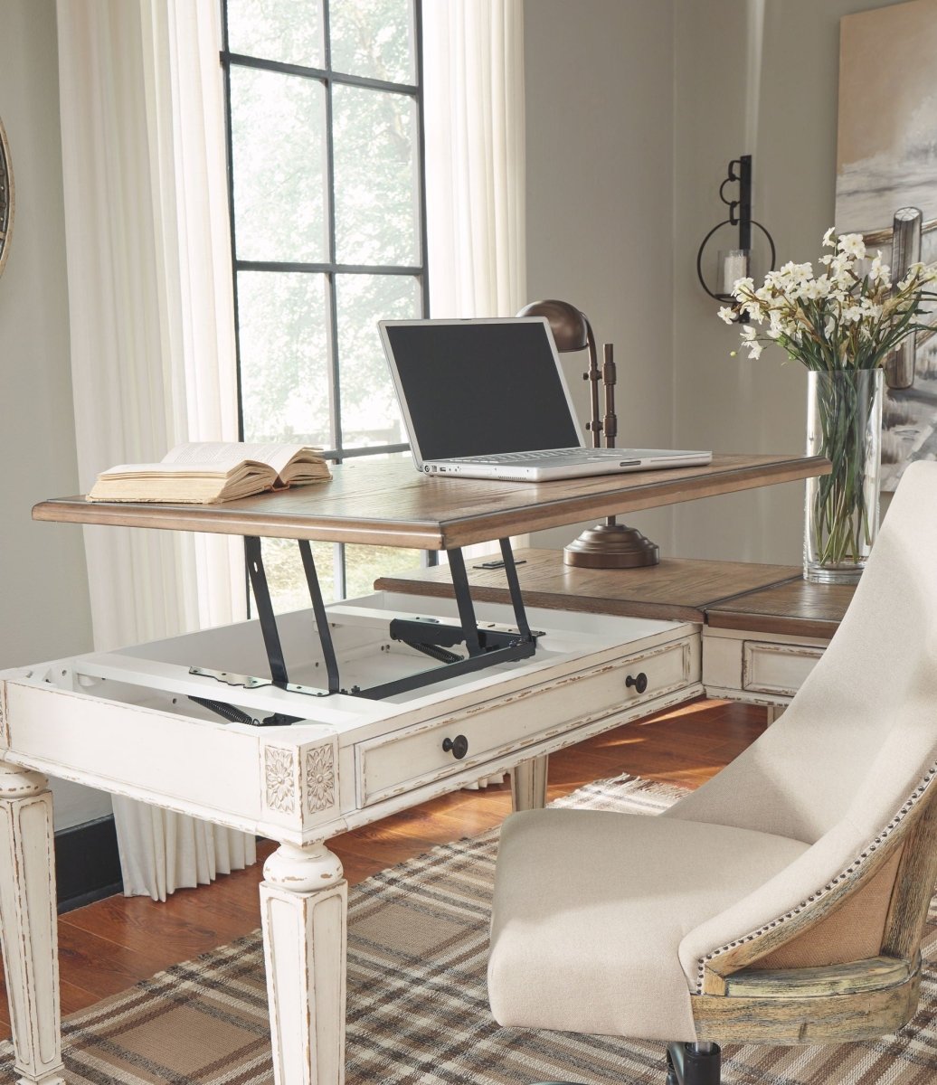 Realyn - L Shaped Desk With Lift Top - White / Brown Lift Top Desks by Signature Design by Ashley® - Walls Furniture & Mattress