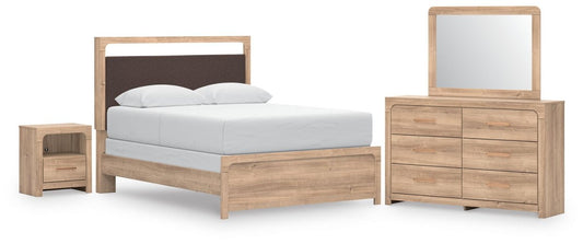 Kinlanni - 4 Pc. - Queen Panel Bed, Dresser, Mirror And Nightstand - Tan 4 Piece Bedroom Sets by Signature Design by Ashley® - Walls Furniture & Mattress