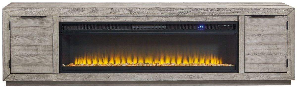 Naydell - 92" TV Stand With Wide Fireplace Insert - Gray Fireplace TV Stands by Signature Design by Ashley® - Walls Furniture & Mattress