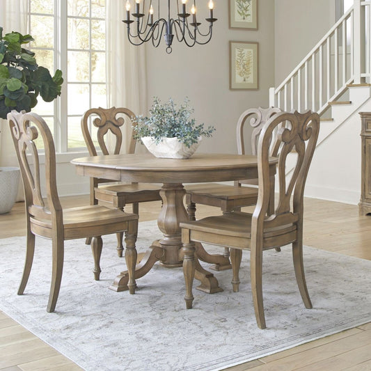 Magnolia Manor - 5 Piece Pedestal Table Set (Splat Back Side Chairs) - Brown 5 Piece Dining Room Sets by Liberty Furniture - Walls Furniture & Mattress