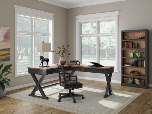 Wildenauer - Brown / Black - 4 Pc. - Home Office Desk And Return, Swivel Desk Chair, Bookcase 4 Piece Home Office Sets by Signature Design by Ashley® - Walls Furniture & Mattress