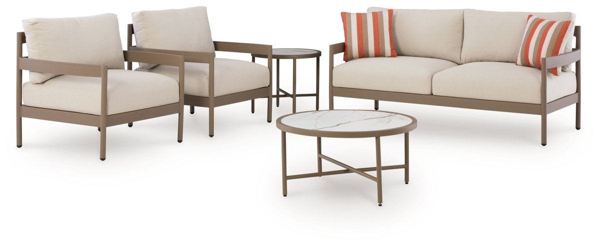 Bluff Trail - Loveseat, Lounge Chairs, Tables Set (Set of 5) - Beige 5 Piece Outdoor Sets by Signature Design by Ashley® - Walls Furniture & Mattress