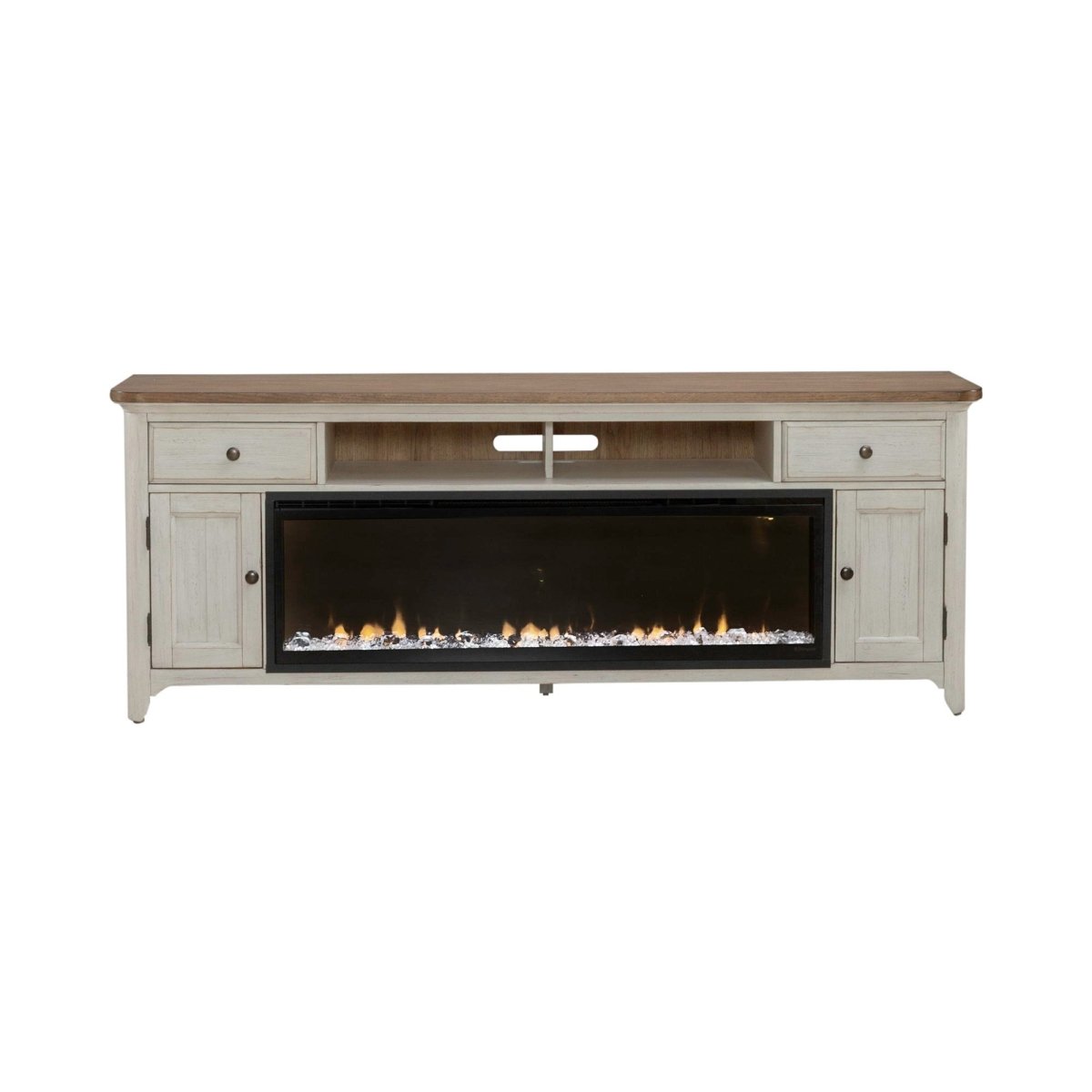 Fireplace TV Consoles - 79" Console With Fire - Medium Brown Fireplace TV Stands by Liberty Furniture - Walls Furniture & Mattress