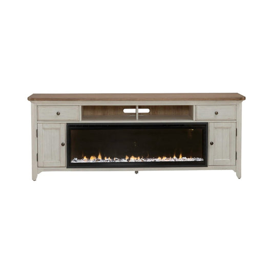 Fireplace TV Consoles - 79" Console With Fire - Medium Brown Fireplace TV Stands by Liberty Furniture - Walls Furniture & Mattress