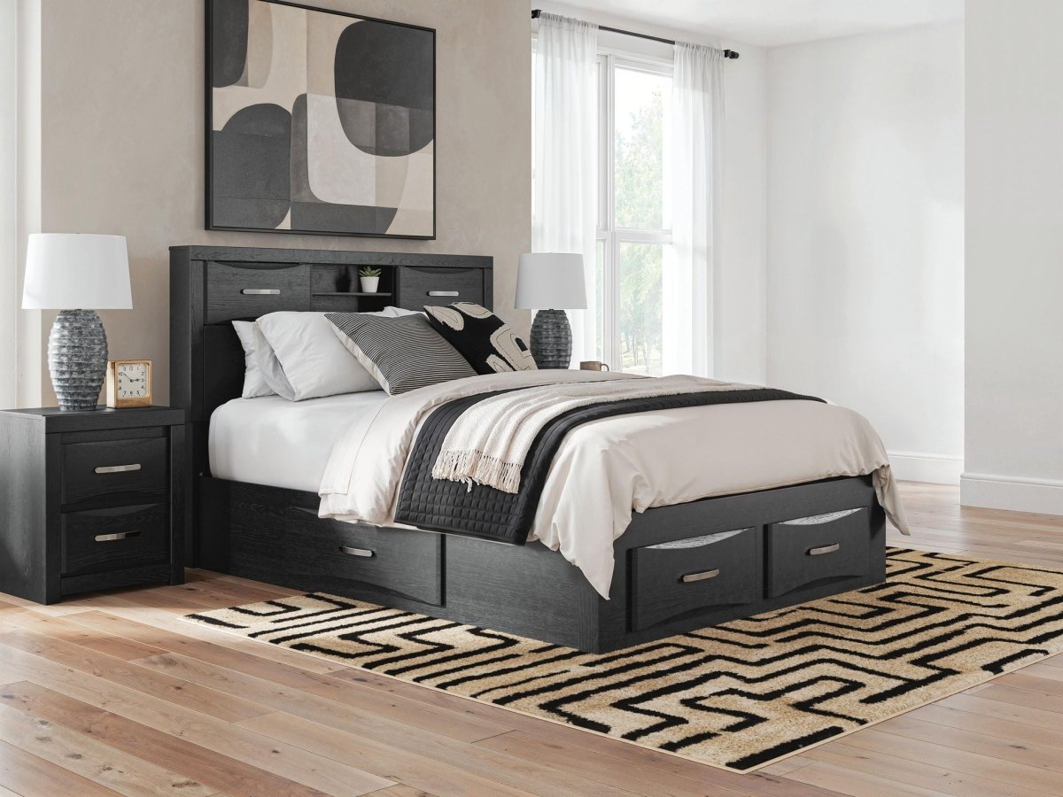 Stabotta - Queen Bookcase Bed With Storage Footboard And 2 Under Bed Storage Units - Black Storage Beds by Signature Design by Ashley® - Walls Furniture & Mattress