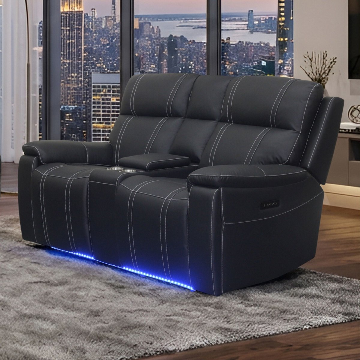 Hartley - Reclining Console Loveseat With Power Headrest & Footrest - Black Reclining Loveseats by New Classic - Walls Furniture & Mattress
