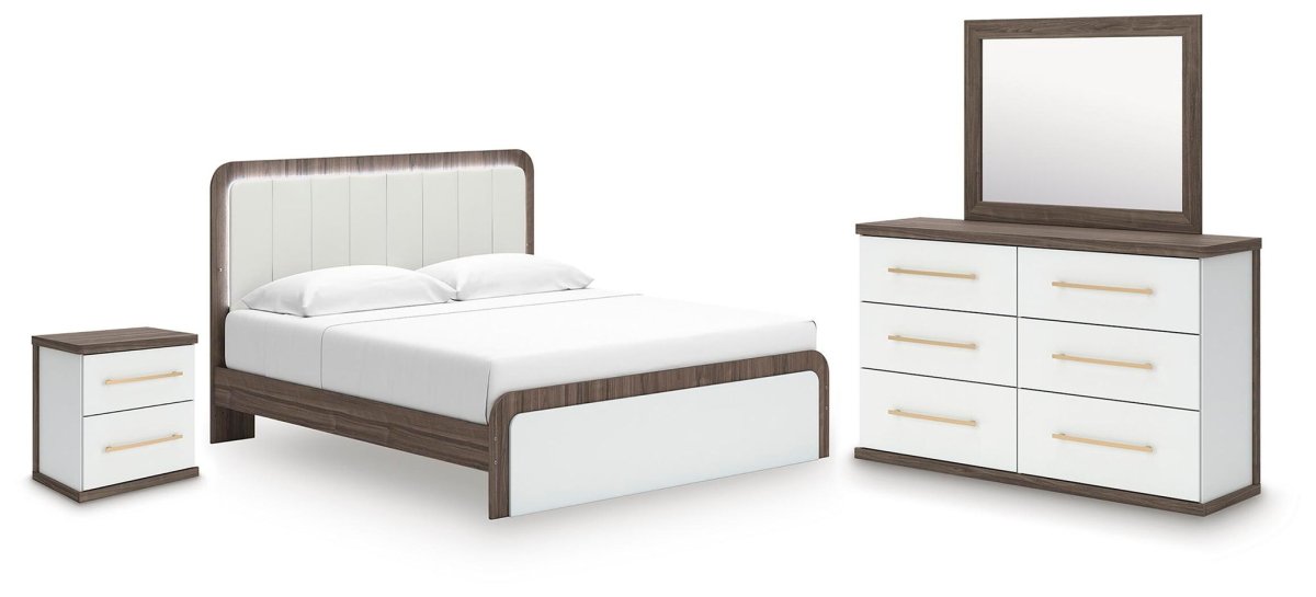 Kendanport - 4 Pc. - King Platform Bed, Dresser, Mirror And Nightstand - Brown / White 4 Piece Bedroom Sets by Signature Design by Ashley® - Walls Furniture & Mattress