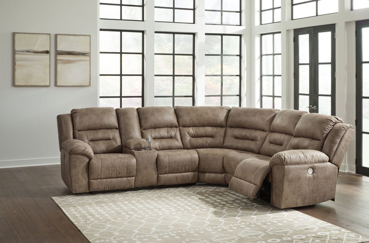 Ravenel - 3 - Piece Power Reclining Sectional With Laf Power Reclining Loveseat With Console - Faux Leather - Fossil Reclining Sectionals by Signature Design by Ashley® - Walls Furniture & Mattress