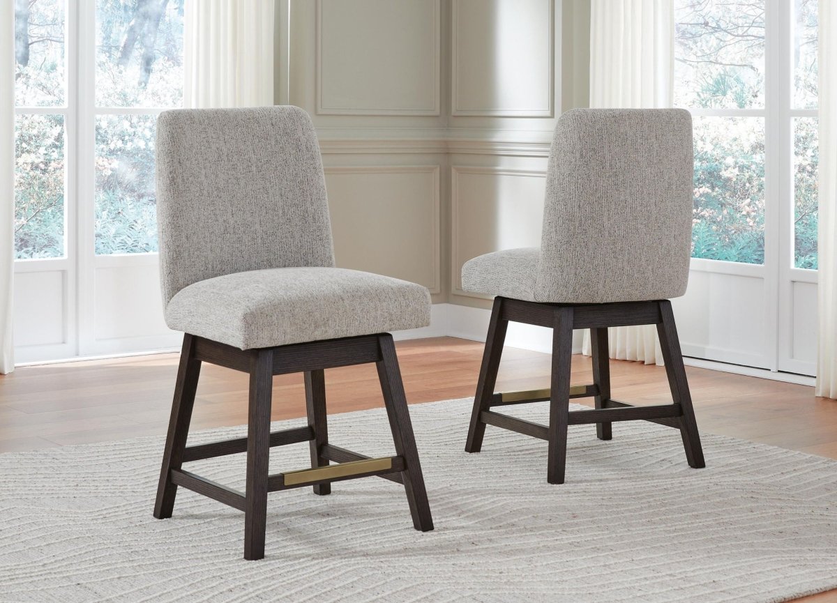 Burkhaus - Upholstered Swivel Barstool (Set of 2) - Beige / Dark Brown Stool Sets by Signature Design by Ashley® - Walls Furniture & Mattress