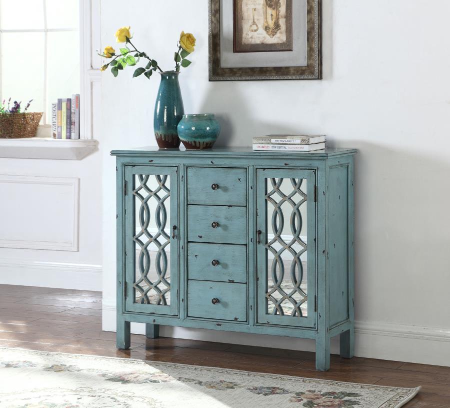 Rue - 4 - Drawer Wood Trellis Accent Storage Cabinet - Blue Accent Cabinets by CoasterEveryday - Walls Furniture & Mattress
