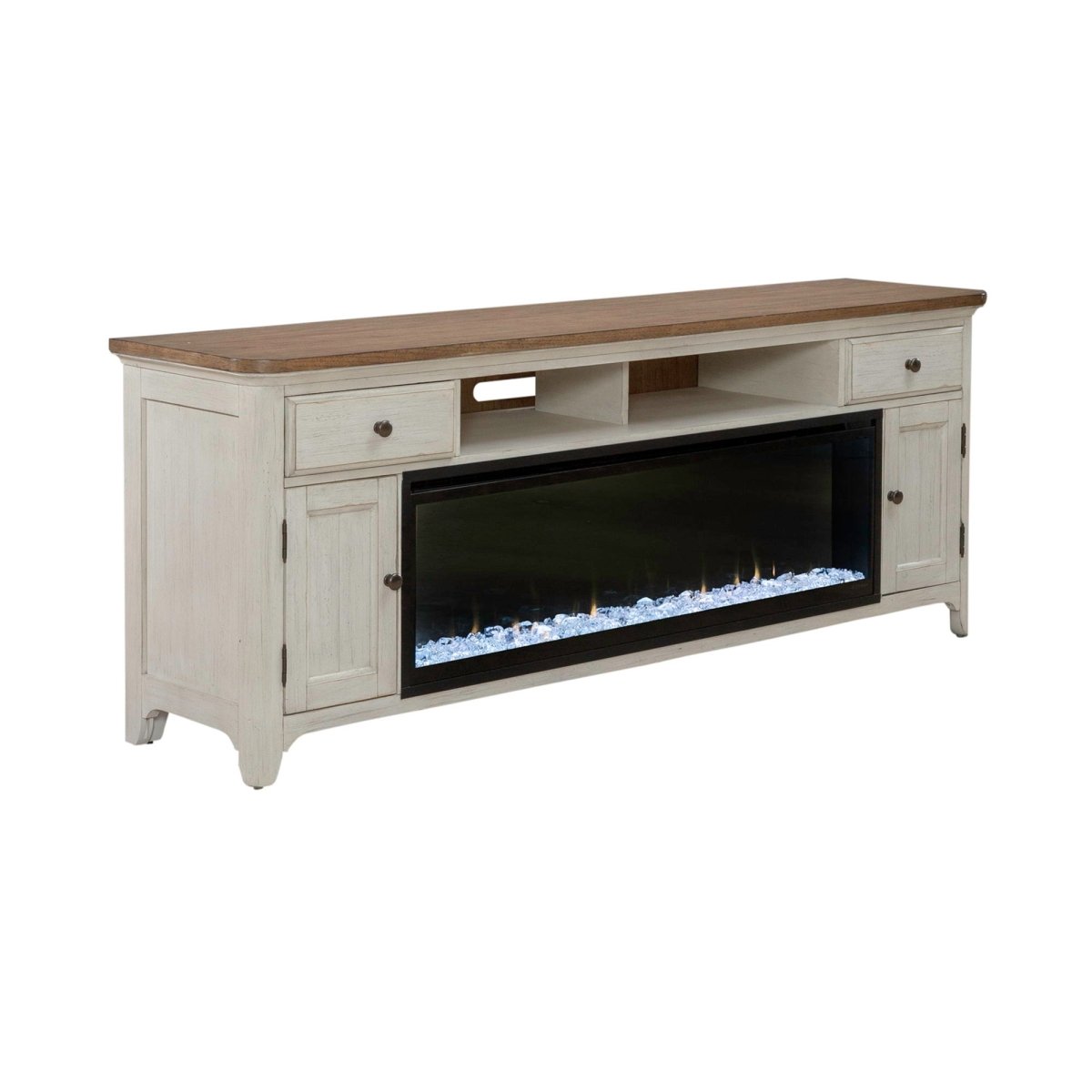 Fireplace TV Consoles - 79" Console With Fire - Medium Brown Fireplace TV Stands by Liberty Furniture - Walls Furniture & Mattress
