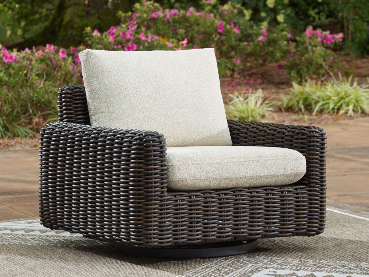 Kimora - 7 Pc. - 4 - Piece Outdoor Sectional, Swivel Glider Lounge, Cocktail Table, End Table - Beige / Dark Brown 7 Piece Outdoor Sets by Signature Design by Ashley® - Walls Furniture & Mattress