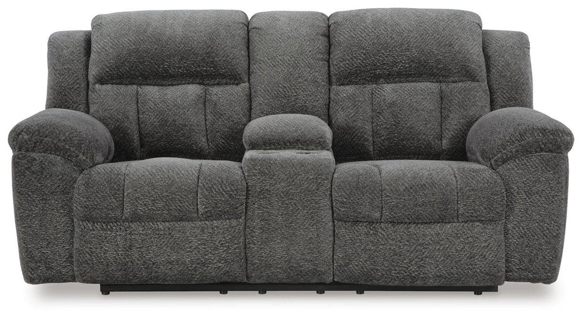 Frohn - DBL Reclining Loveseat With Console - Graphite - Fabric Reclining Loveseats by Signature Design by Ashley® - Walls Furniture & Mattress