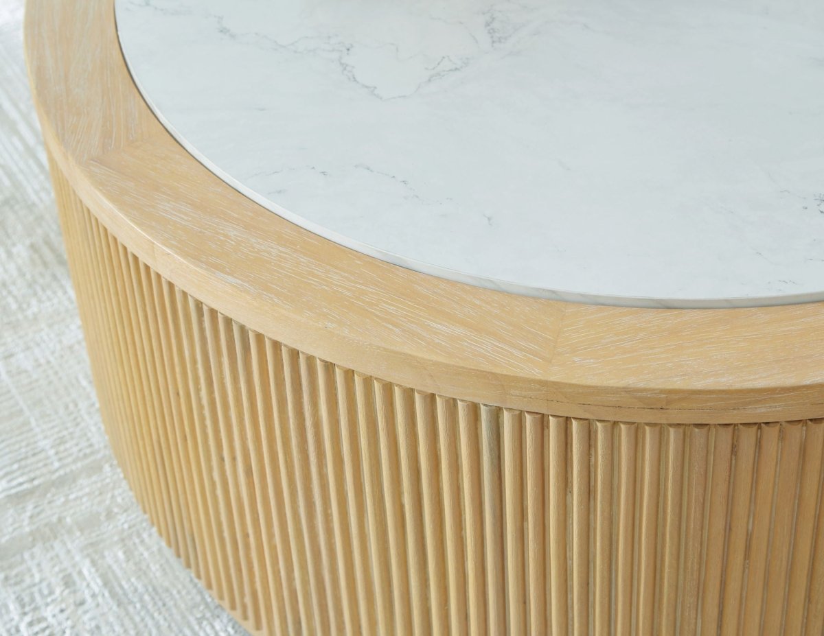Camdill - Round Cocktail Table - Light Brown / White Coffee Tables by Signature Design by Ashley® - Walls Furniture & Mattress