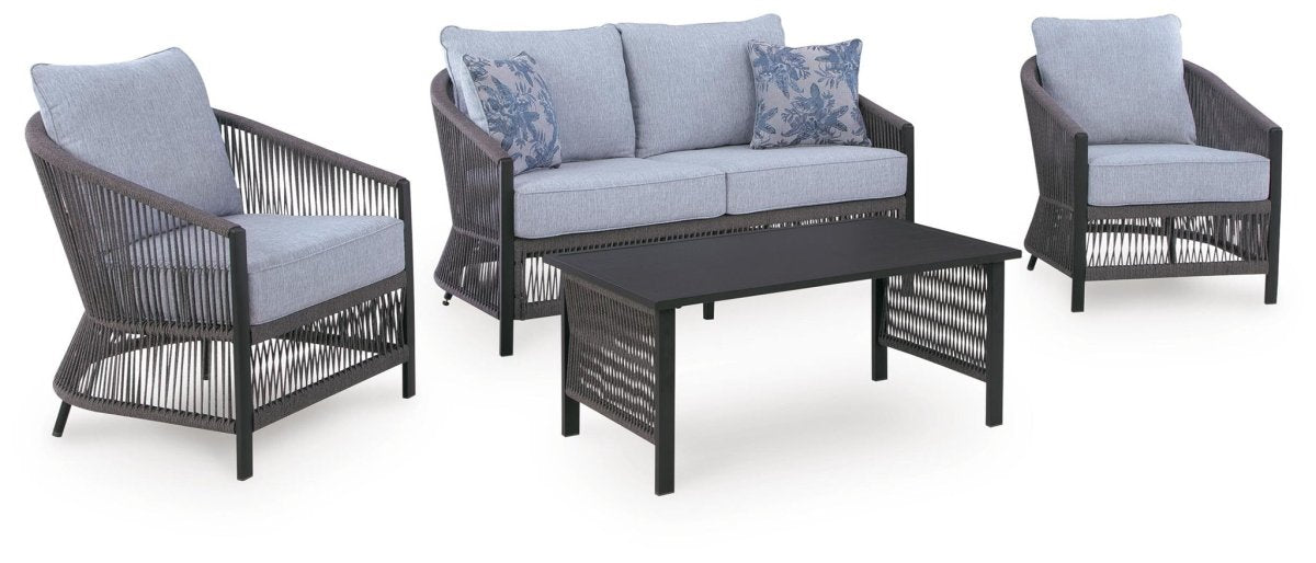 Bridges Beach - Loveseat, Lounge Chairs, Table Set (Set of 4) - Gray 4 Piece Outdoor Sets by Signature Design by Ashley® - Walls Furniture & Mattress