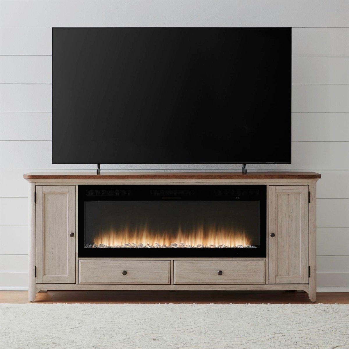 Fireplace TV Consoles - 80" Console With Fire FTS Set - Brown / White Fireplace TV Stands by Liberty Furniture - Walls Furniture & Mattress