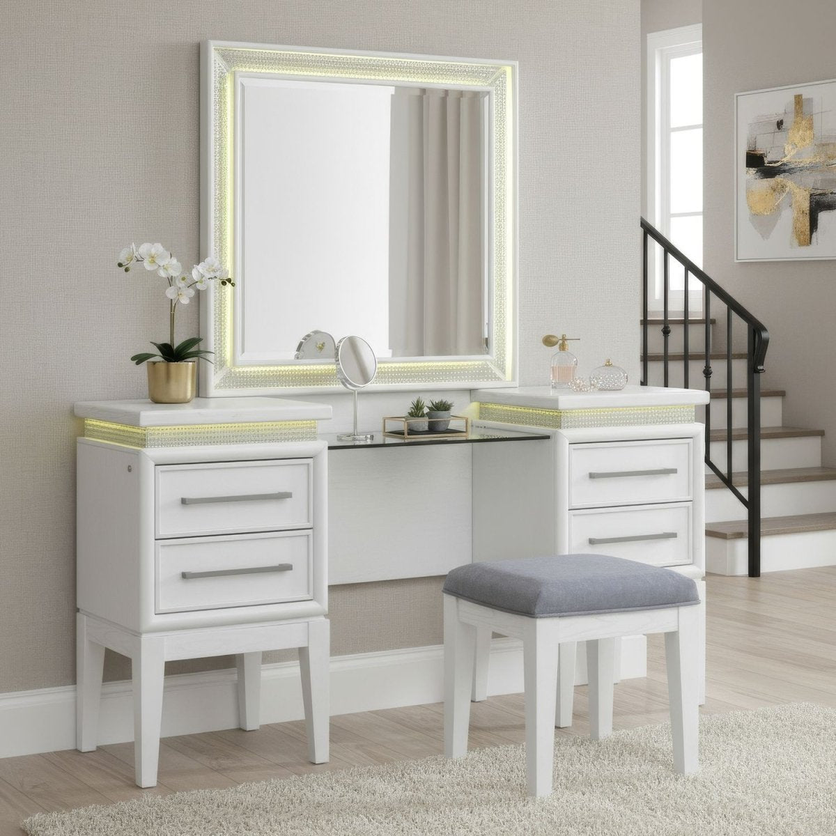 Reflections - 3 Piece Vanity Set - Pearl White & Rhinestone Vanity Sets by Liberty Furniture - Walls Furniture & Mattress