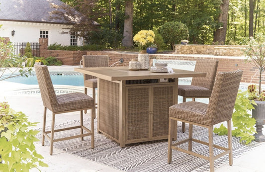 Walton Bridge - 5 Pc. - Square Bar Table W/Fire Pit, 4 Barstools - Driftwood 5 Piece Outdoor Sets by Signature Design by Ashley® - Walls Furniture & Mattress