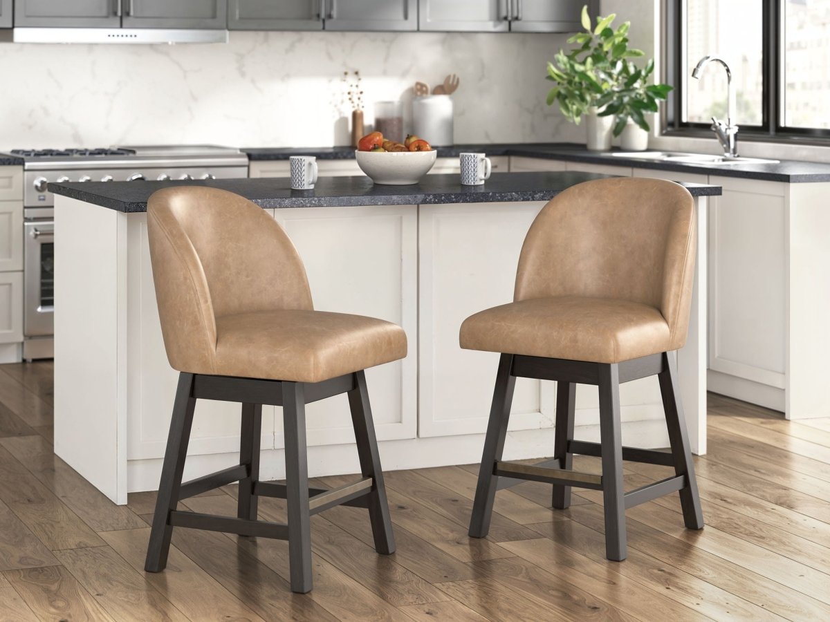 Neymorton - Upholstered Swivel Faux Leather Barstool (Set of 2) - Dark Grayish Brown Stool Sets by Signature Design by Ashley® - Walls Furniture & Mattress