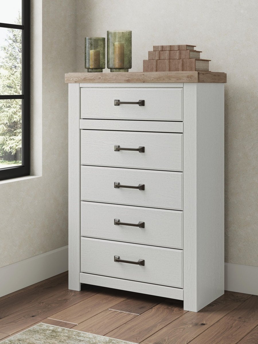 Savonport - Five Drawer Chest - White / Brown Accent Chests by Benchcraft® - Walls Furniture & Mattress