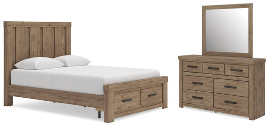 Oliandon - 3 Pc. - Queen Panel Storage Bed, Dresser And Mirror - Light Brown 3 Piece Bedroom Sets by Signature Design by Ashley® - Walls Furniture & Mattress