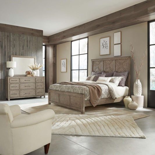 Skyview Lodge - King Panel Bed, Dresser & Mirror - Cobblestone 3 Piece Bedroom Sets by Liberty Furniture - Walls Furniture & Mattress
