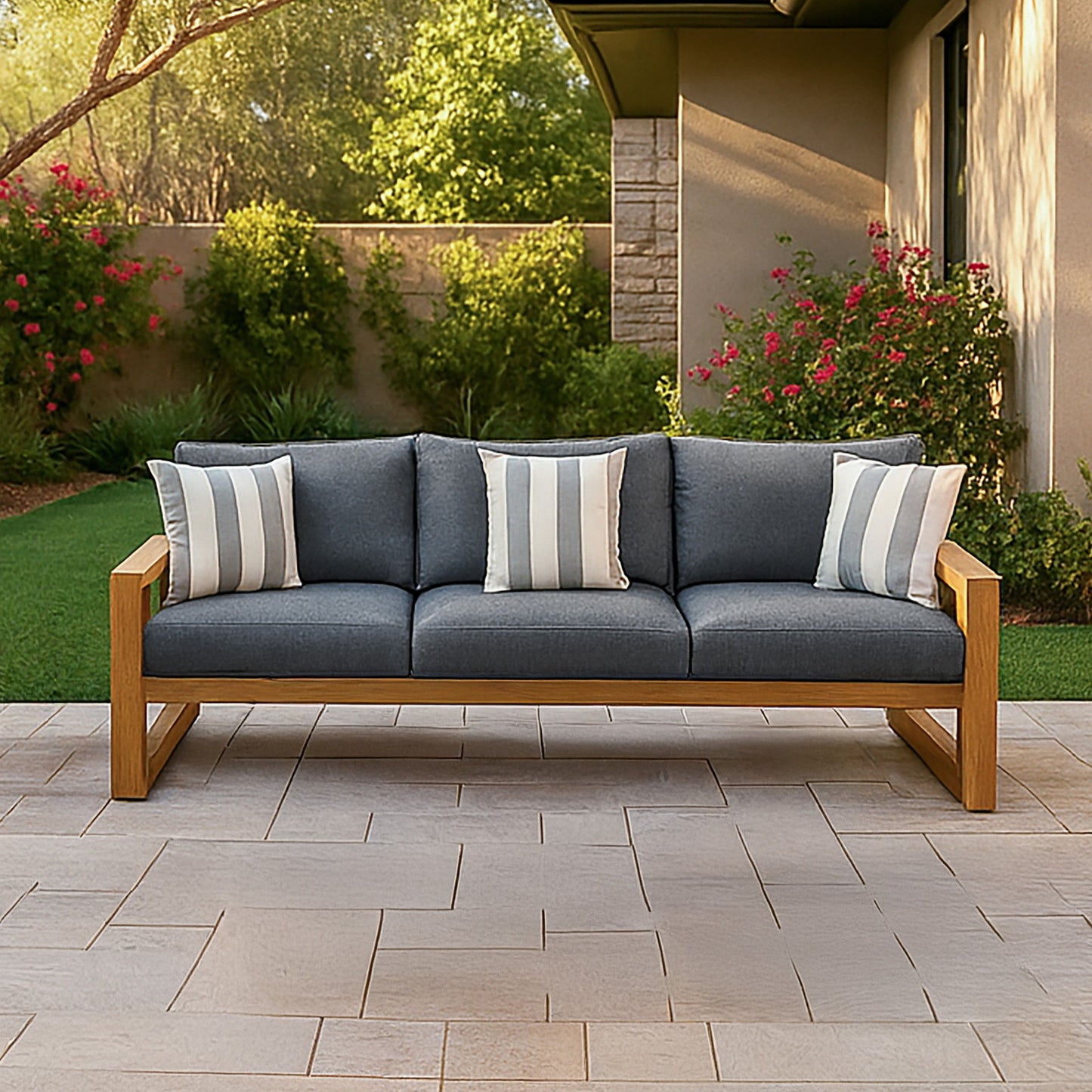 Bristol - Bay Wood Outdoor Sofa With Cushions - Natural / Brown / Gray