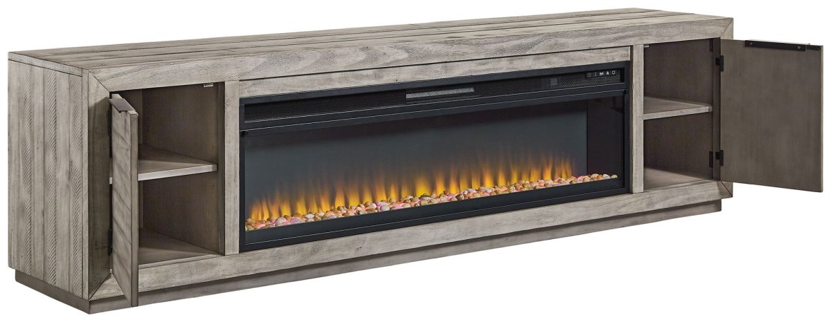 Naydell - 92" TV Stand With Wide Fireplace Insert - Gray Fireplace TV Stands by Signature Design by Ashley® - Walls Furniture & Mattress