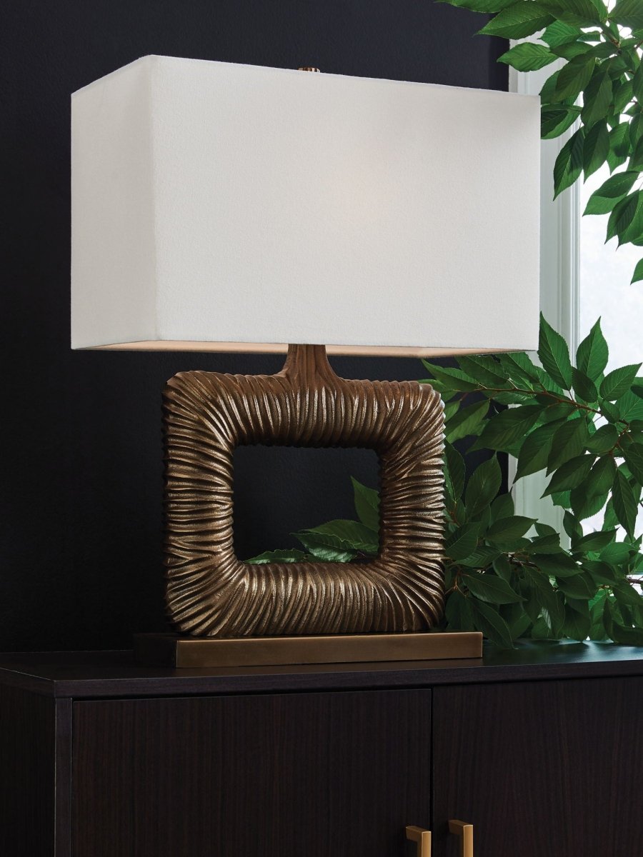 Garronby - Antique Brass Finish - Metal Table Lamp Table Lamps by Signature Design by Ashley® - Walls Furniture & Mattress