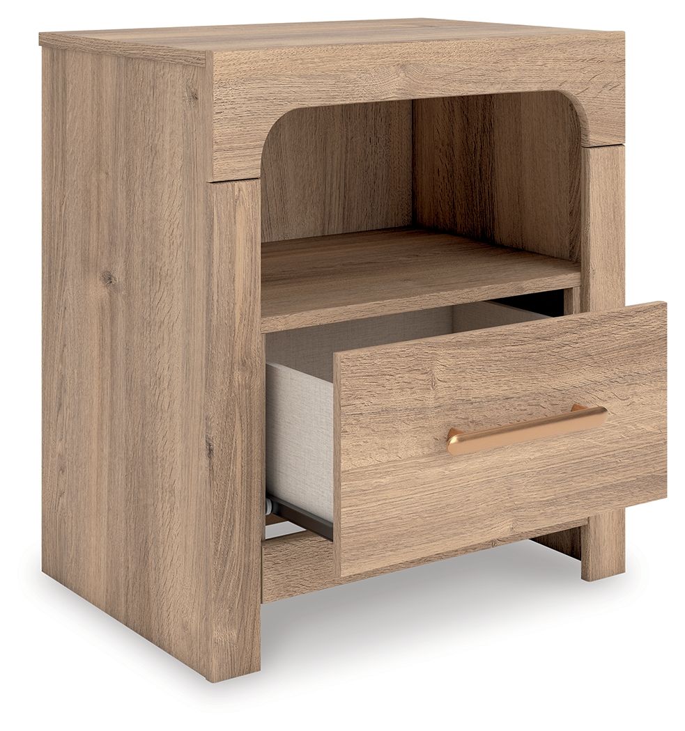 Kinlanni - One Drawer Night Stand - Tan Nightstands w/ Charging Stations by Signature Design by Ashley® - Walls Furniture & Mattress