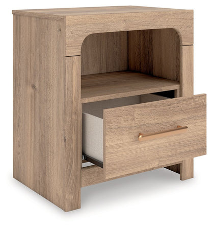Kinlanni - One Drawer Night Stand - Tan Nightstands w/ Charging Stations by Signature Design by Ashley® - Walls Furniture & Mattress