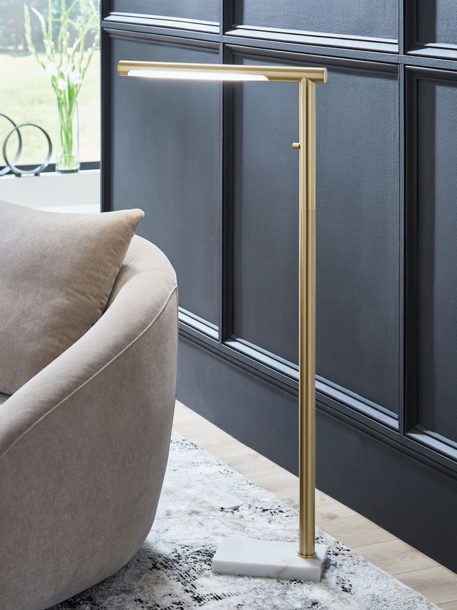 Santiford - Metal Floor Lamp - Gold Finish / White Floor Lamps by Signature Design by Ashley® - Walls Furniture & Mattress